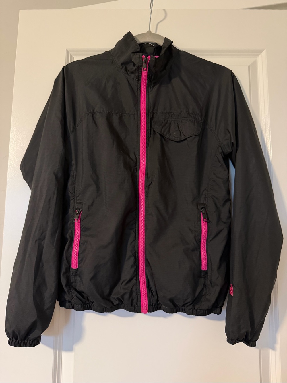 The North Face Full Zip Windbreaker Jacket Black with Pink Zippers - Small